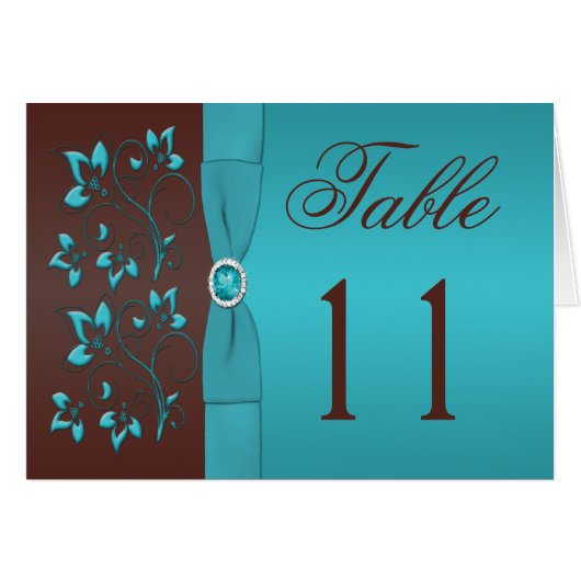 Turquoise en Brown Floral Table Number Card (Voorkant Horizontaal)