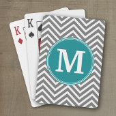 Turquoise en Charcoal Chevrons Custom Monogram Pokerkaarten