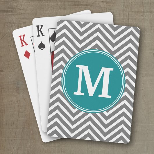 Turquoise en Charcoal Chevrons Custom Monogram Pokerkaarten