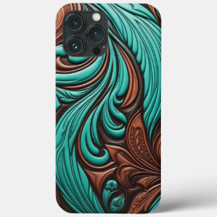 Turquoise en Chocolate Tooled Westerne Patronen iPhone 13 Pro Max Hoesje