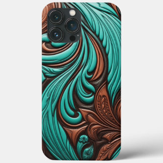 Turquoise en Chocolate Tooled Westerne Patronen iPhone 13 Pro Max Hoesje