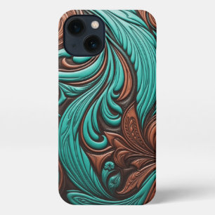 Turquoise en Chocolate Tooled Westerne Patronen iPhone 13 Hoesje