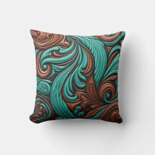Turquoise en Chocolate Tooled Westerne Patronen Kussen