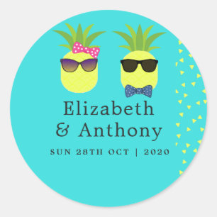 Turquoise en citroen zomer strand bruiloft ronde sticker