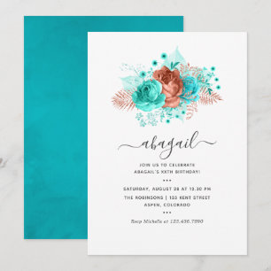 Turquoise en Coral Floral Birthday Kaart