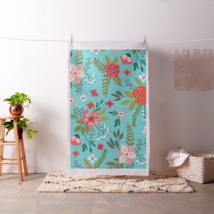 Turquoise en Coral Floral Pattern Stof