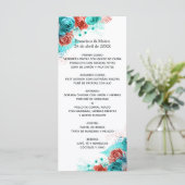 Turquoise en Coral Floral Tropical Wedding Menu (Staand voorkant)