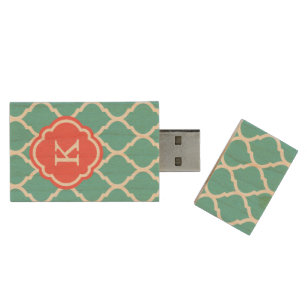 Turquoise en Coral Moroccan Quatrefoil Monogram Houten USB Stick