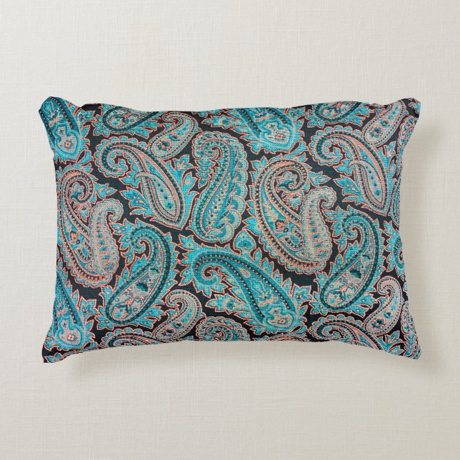 Turquoise en Coral Paisley Accent Kussen (Voorkant)