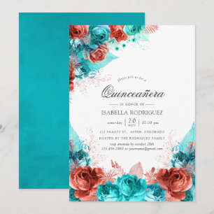 Turquoise en Coral Rustic Floral Quinceañera Kaart