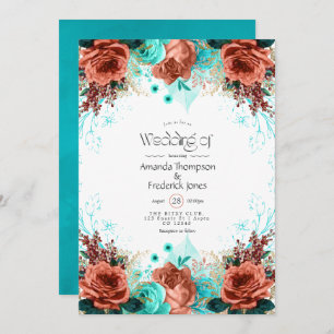 Turquoise en Coral Rustic Floral Wedding Invitati Kaart