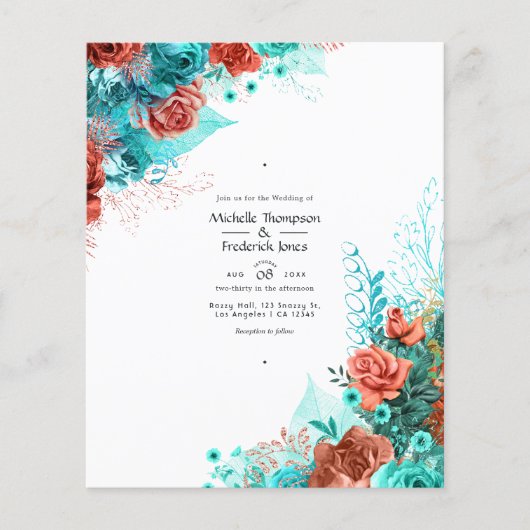 Turquoise en Coral Rustic Floral Wedding Invite Flyer (Voorkant)