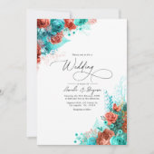 Turquoise en Coral Rustic Floral Wedding Kaart (Voorkant)