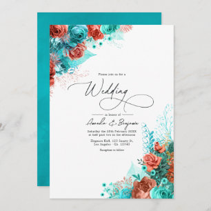 Turquoise en Coral Rustic Floral Wedding Kaart