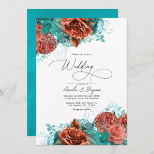 Turquoise en Coral Rustic Floral Wedding Kaart