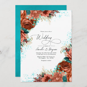 Turquoise en Coral Rustic Floral Wedding Kaart