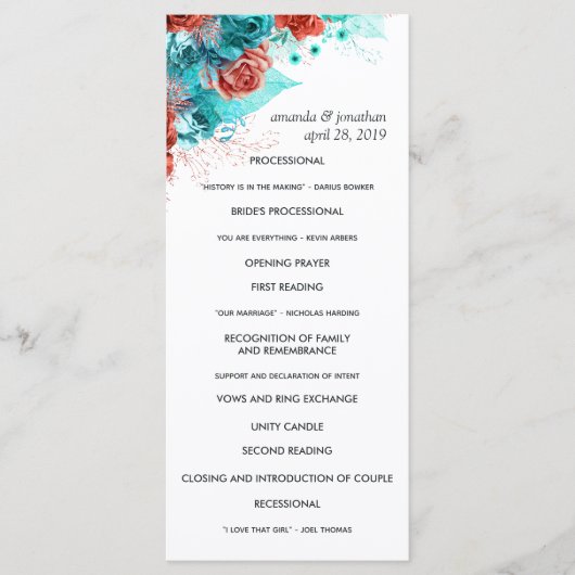 Turquoise en Coral Rustic Floral Wedding Programma (Voorkant)