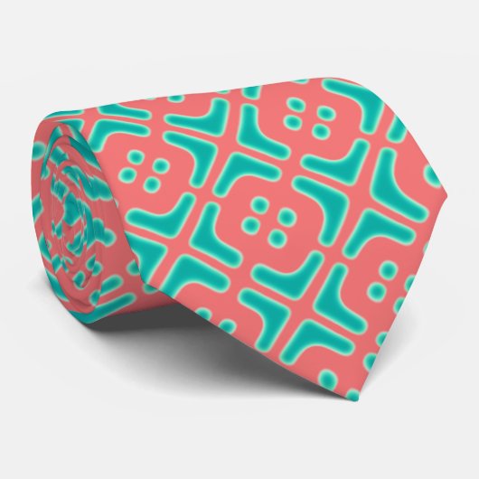 Turquoise en Coral Unique Pattern Stropdas (Opgerold)