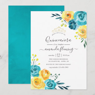 Turquoise en de gele Waterverf Floral Quinceañera Kaart