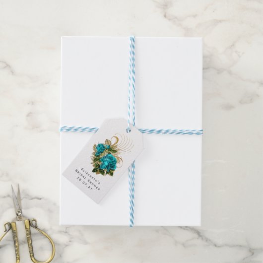 Turquoise en Faux Gold Foil Floral Cadeaulabel (Met Touw)