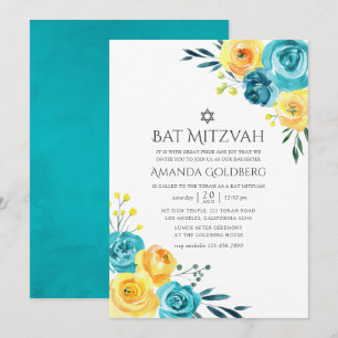 Turquoise en Gele Bloemen Vleermuis Mitzvah Kaart
