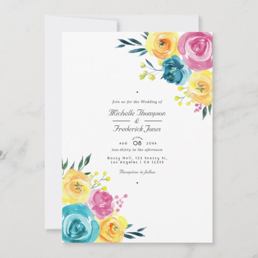 Turquoise en gele bloemencode QR Code RSVP-huwelij Kaart (Voorkant)