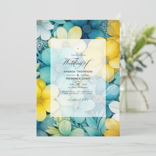 Turquoise en Gele en Grijze Bloemenbruiloft Kaart (Staand voorkant)