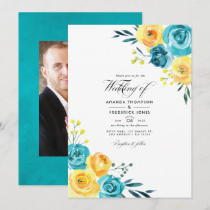 Turquoise en Gele Waterverf Bloemen Bruiloftsinv Kaart