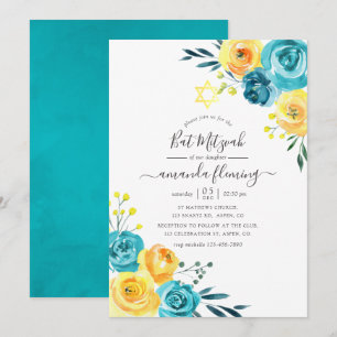 Turquoise en gele Waterverf Floral Bat Mitzvah Kaart