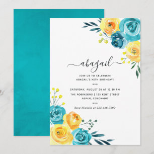 Turquoise en gele Waterverf Floral Birthday Kaart