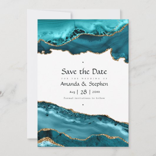 Turquoise en Gold Agaat Bruiloft Save The Date (Voorkant)