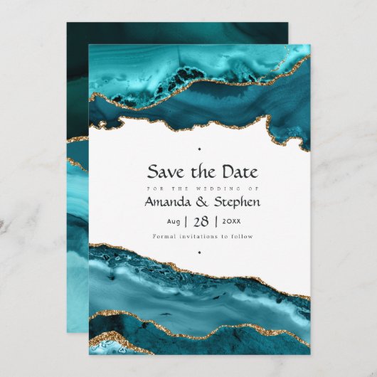 Turquoise en Gold Agaat Bruiloft Save The Date (Voorkant / Achterkant)