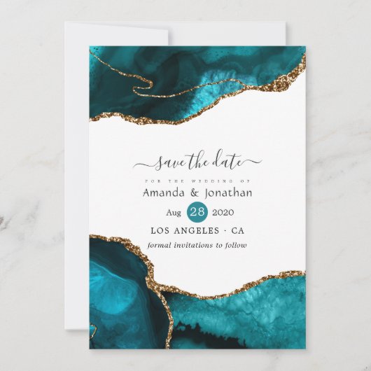 Turquoise en Gold Agate Wedding Save The Date (Voorkant)