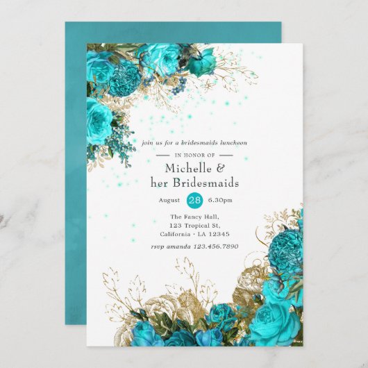  Turquoise en Gold Bridesmaids Luncheon Kaart (Voorkant / Achterkant)