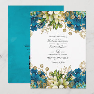  Turquoise en Gold Chic Floral Wedding Inv Kaart