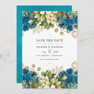  Turquoise en Gold Chic Floral Wedding Save The Date