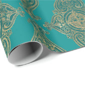 Turquoise en Gold Damask Pattern Cadeaupapier (Rol Hoek)