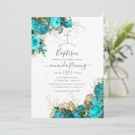 Turquoise en Gold  Floral Baptisme Kaart (Staand voorkant)