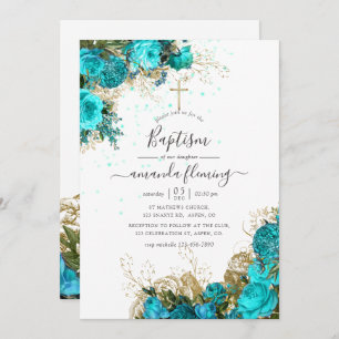 Turquoise en Gold Floral Baptisme Kaart
