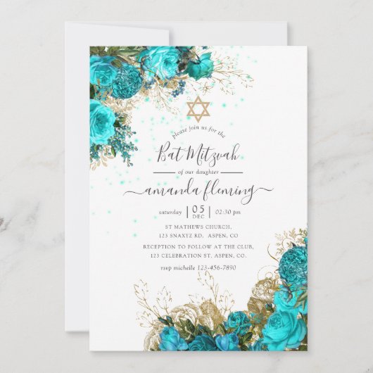 Turquoise en Gold Floral Bat Mitzvah Kaart (Voorkant)