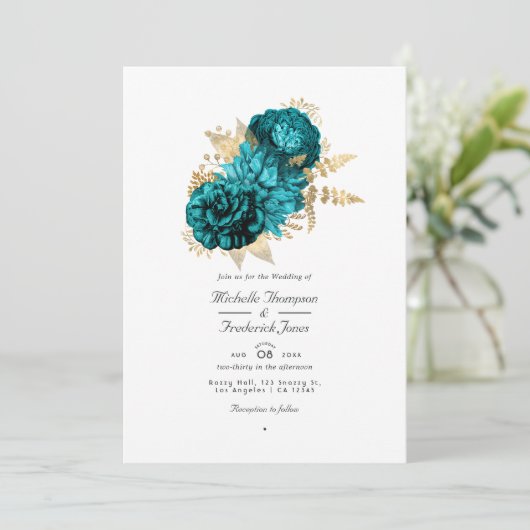  Turquoise en Gold Floral QR Code Wedding Kaart (Staand voorkant)