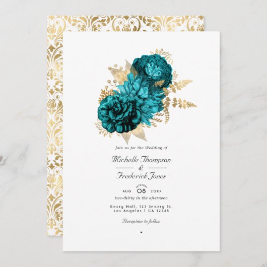  Turquoise en Gold Floral QR Code Wedding Kaart (Voorkant / Achterkant)