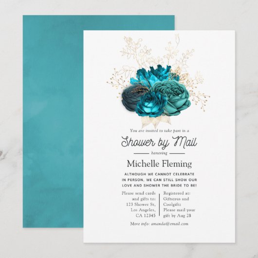 Turquoise en Gold Floral Shower per Mail Kaart (Voorkant / Achterkant)