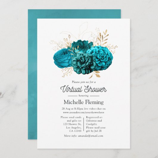 Turquoise en Gold Floral Virtual Shower Kaart (Voorkant / Achterkant)