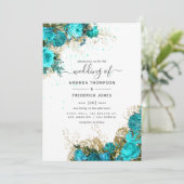 Turquoise en Gold Floral Wedding Kaart (Staand voorkant)