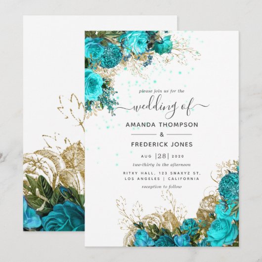 Turquoise en Gold Floral Wedding Kaart (Voorkant / Achterkant)