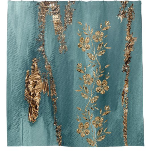 Turquoise en Gold Foil Flowers Douchegordijn (Voorkant)