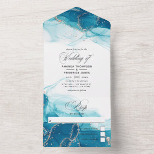 Turquoise en Gold Ink Wedding All in One Invitati All In One Uitnodiging