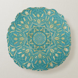 Turquoise en Gold Mandala door Tina Donovan Rond Kussen