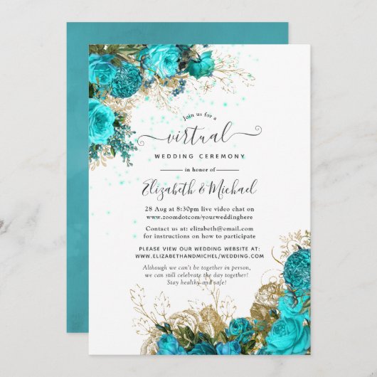 Turquoise en Gold Online Virtual Wedding Kaart (Voorkant / Achterkant)